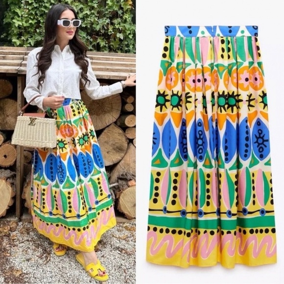 Zara 100% cotton Colorful Patterned Maxi Skirt sz S nwot, 004 - Picture 4 of 6